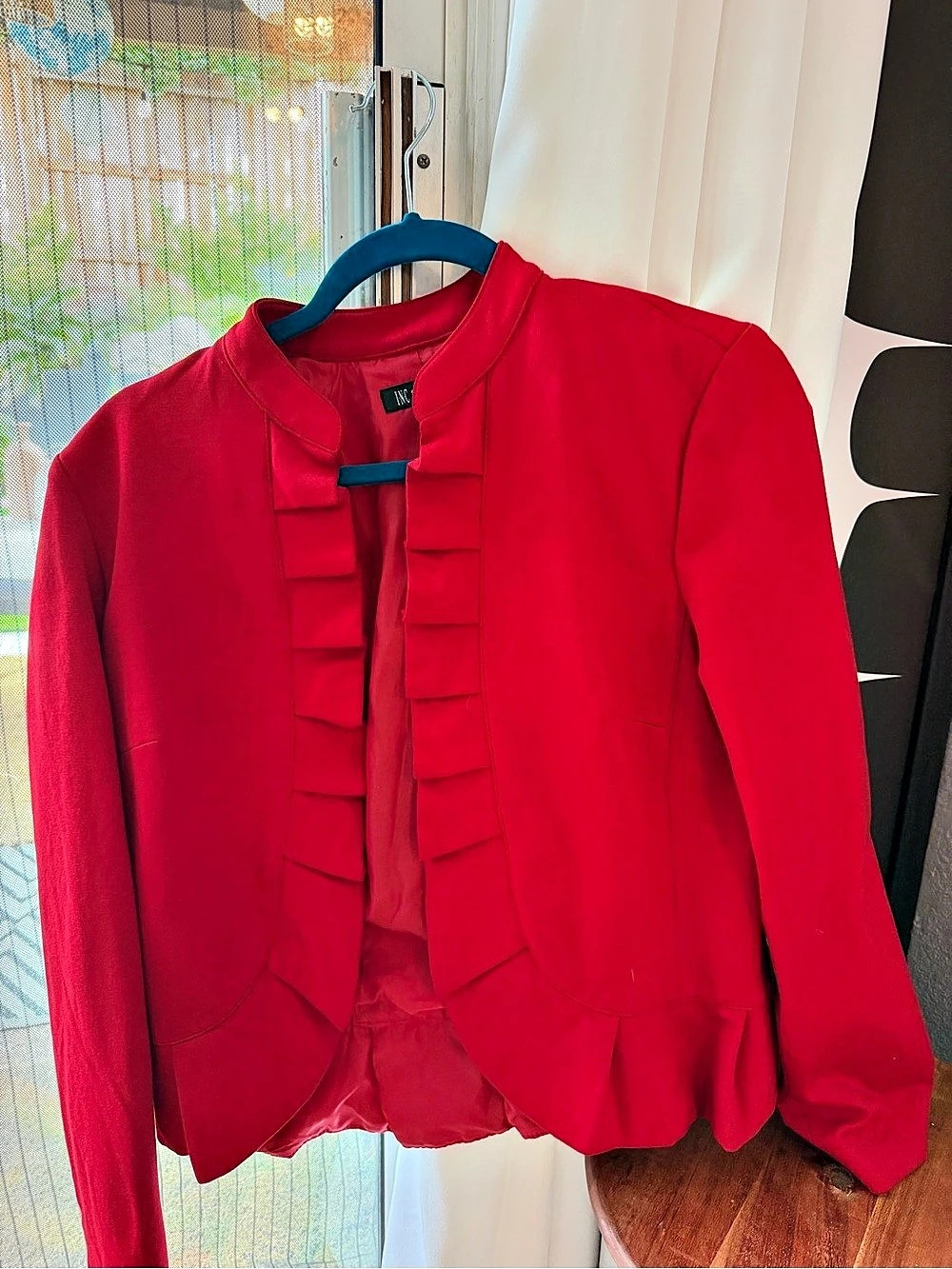 INC brand medium Ruffle Front Jacket in Red Size warn once